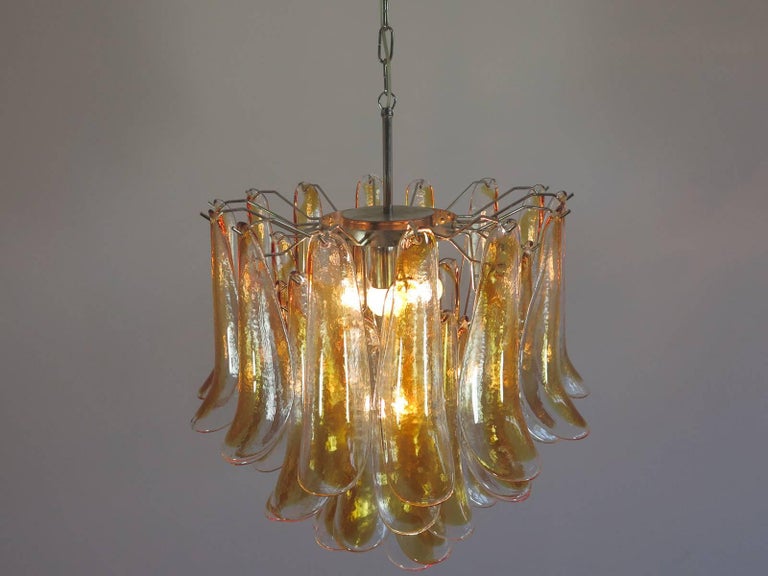 Mid-Century Modern Pair of Murano Glass Amber Petals Chandelier by Mazzega, 1970s For Sale
