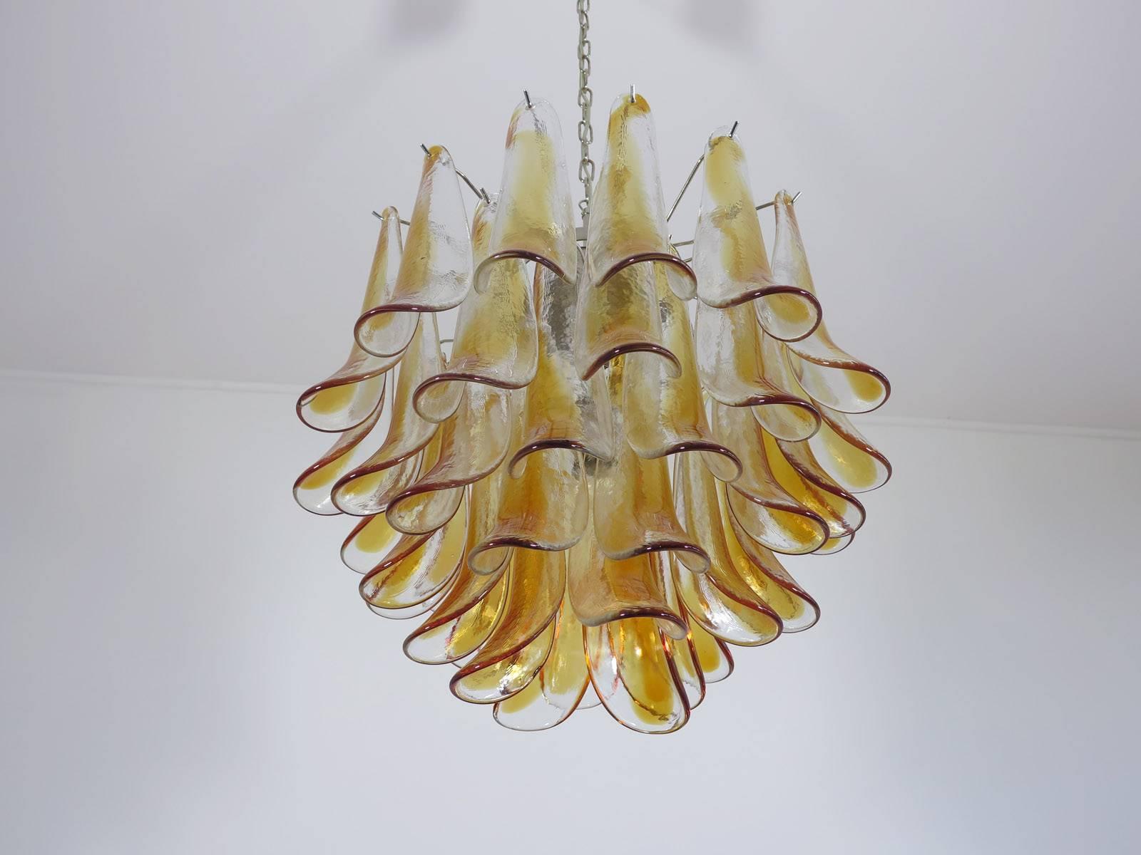 Italian Pair of Murano Glass Amber Petals Chandelier by Mazzega, 1970s For Sale