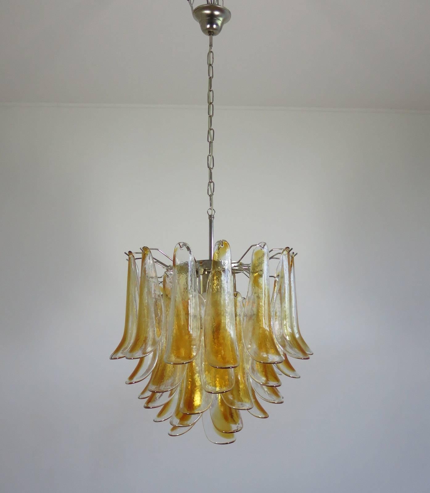 20th Century Pair of Murano Glass Amber Petals Chandelier by Mazzega, 1970s For Sale