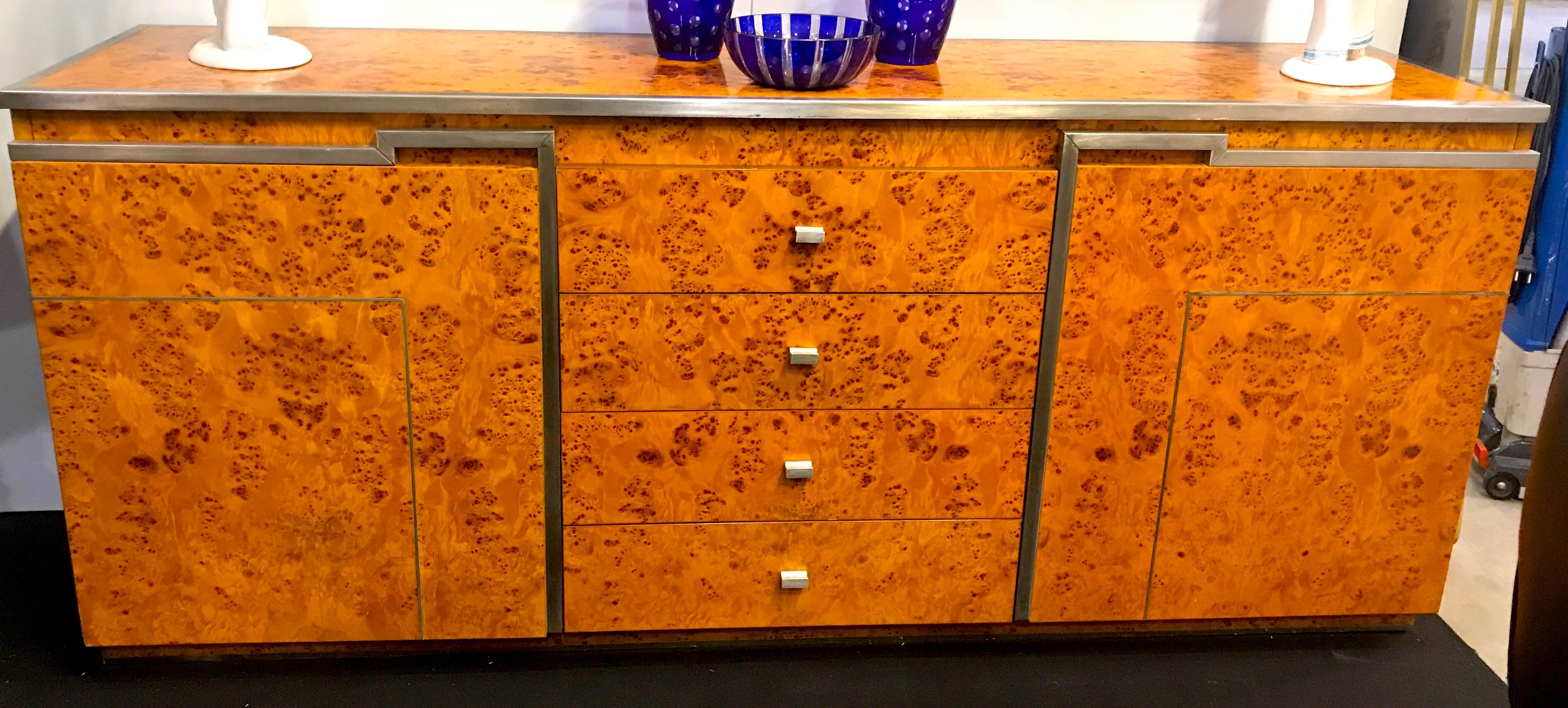 Chrome and Burl Wood Credenza in the Style of Willy Rizzo, Italy, 1970 For Sale 5