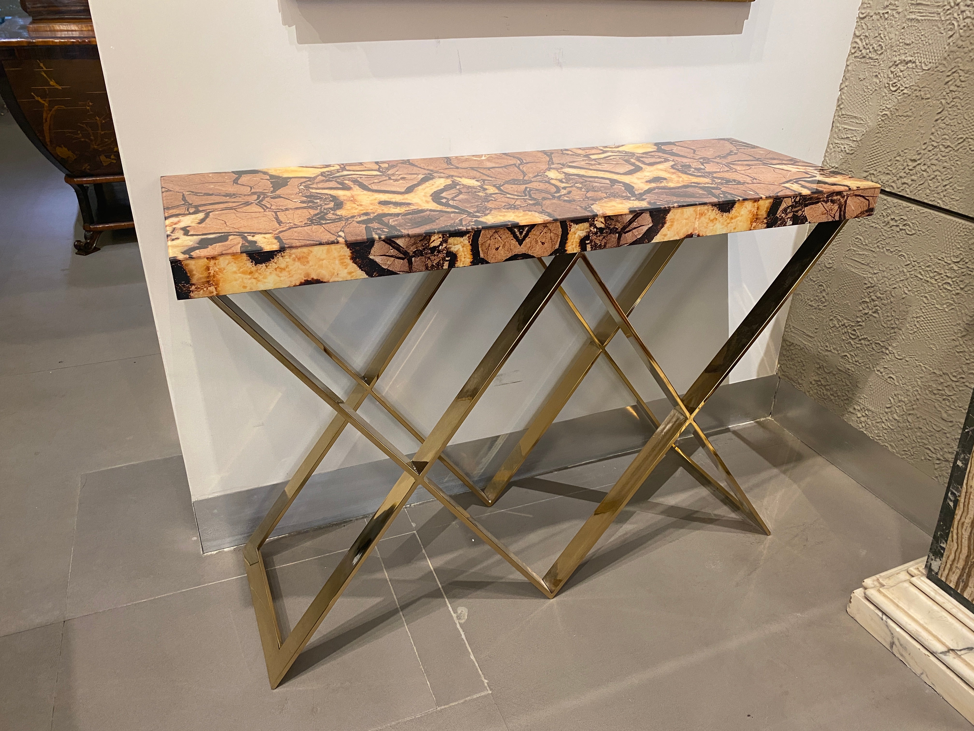  Modern Italian Brass and Marble Imitation Top Console Table For Sale