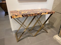 Retro  Modern Italian Brass and Marble Imitation Top Console Table