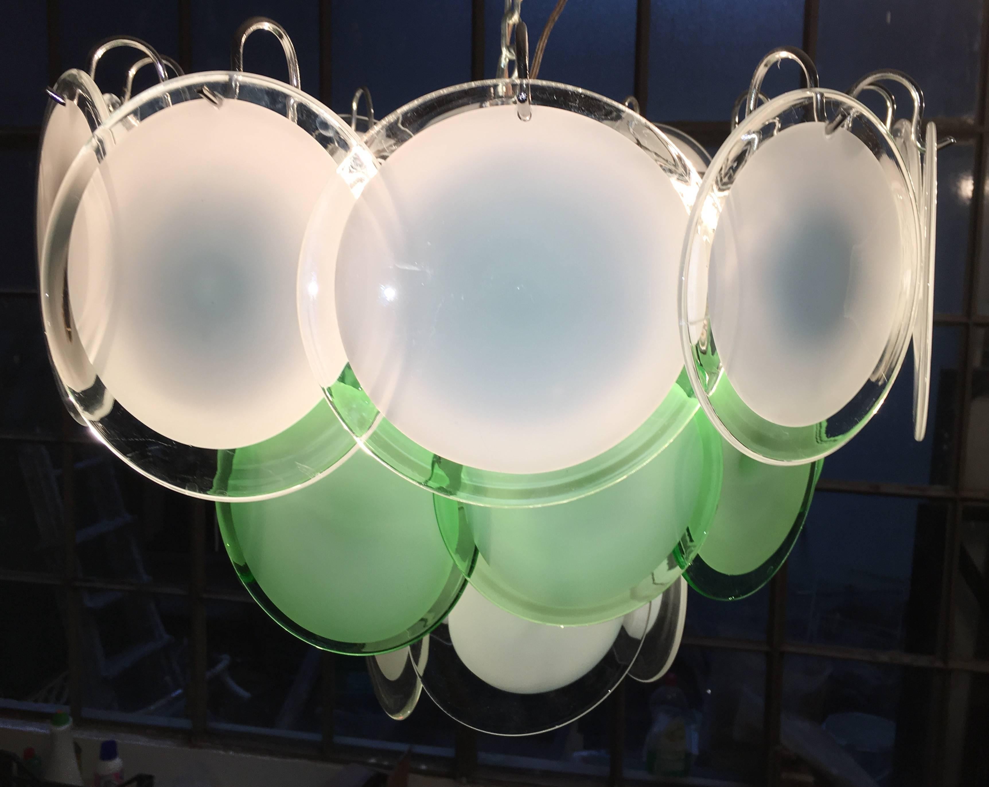 Late 20th Century Lovely Pair of Green and White Murano Chandeliers by Vistosi, 1970s For Sale