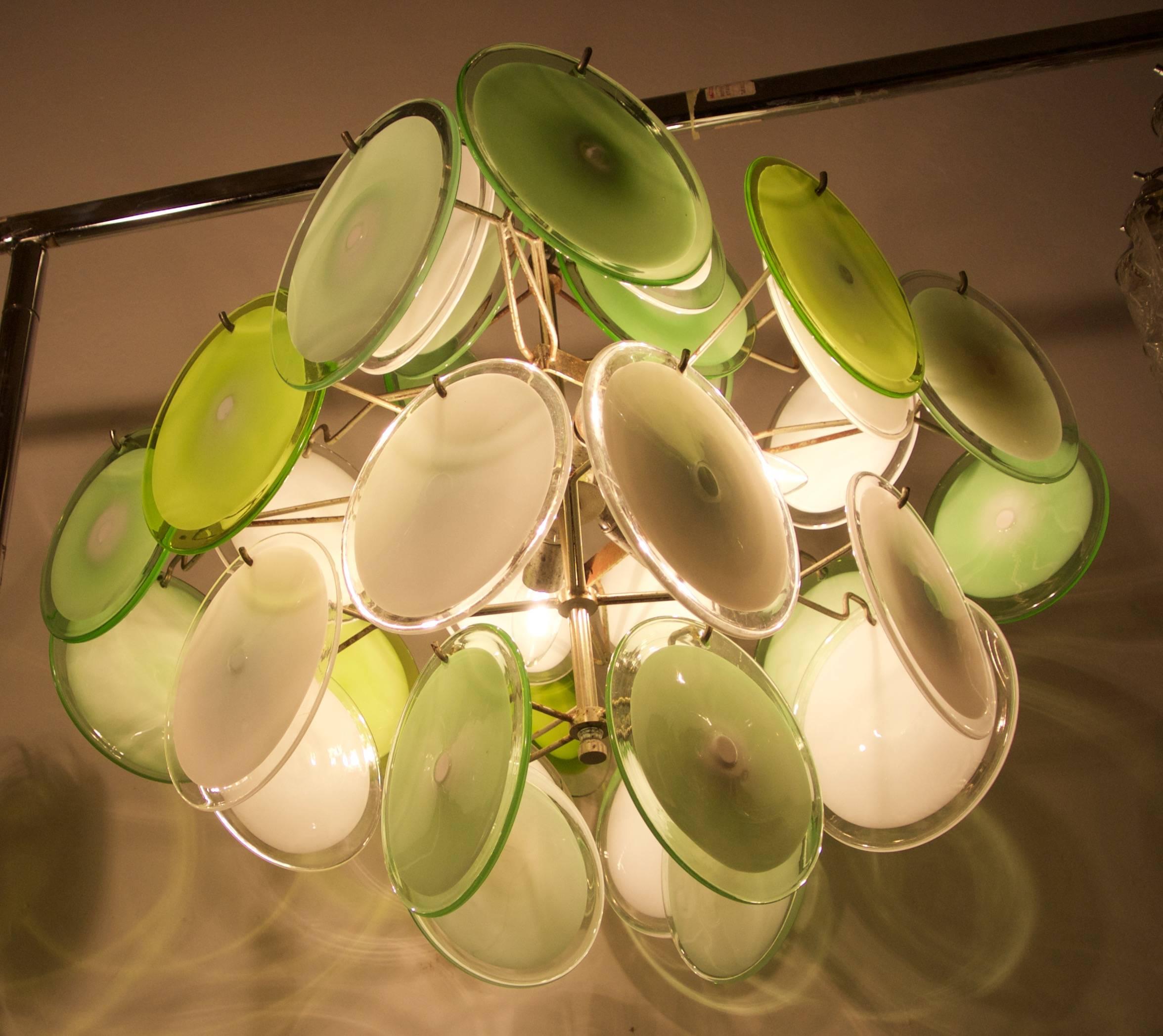 Large green and white 36 disc Murano Italian glass six-light led 60 watt each.