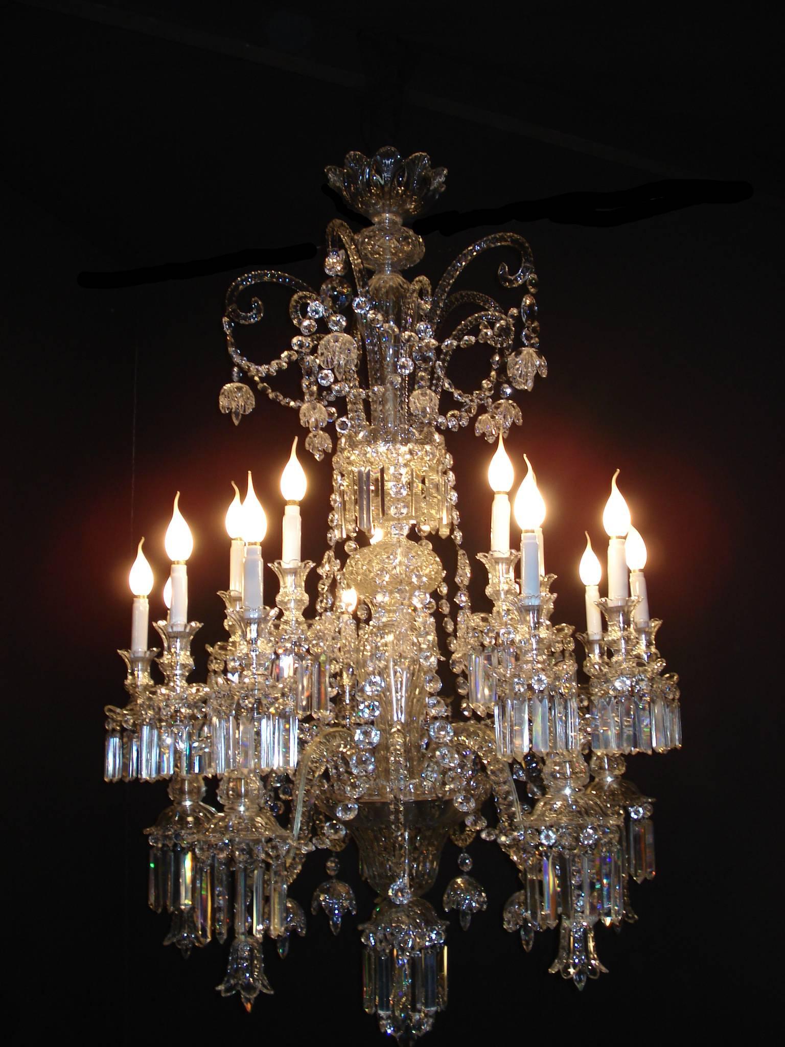 The supporting structure is made of silver plated brass. The central rod is solid iron . The chandelier states no signing because at that time (1825) the Baccarat did not sign their productions. Replacing the wax candles, the first processing method