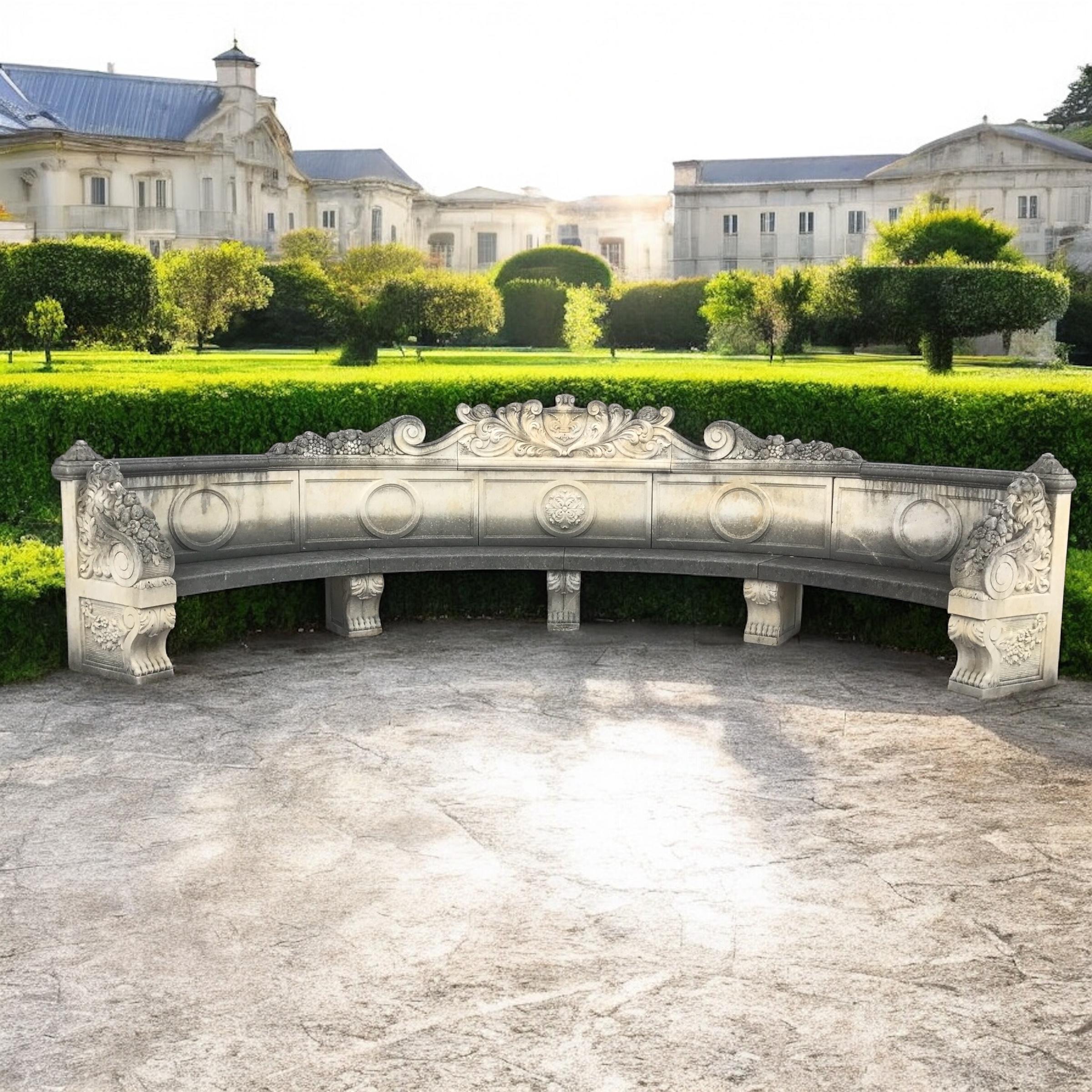 20th Century Italian Semi Circular Large Lime Stone Bench For Sale