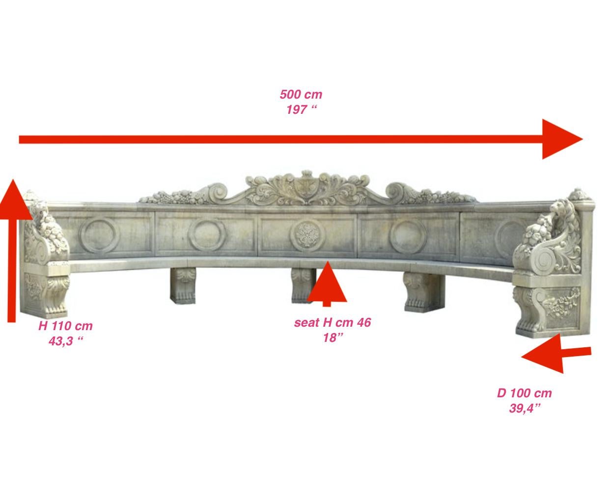 Italian Semi Circular Large Lime Stone Bench For Sale 3