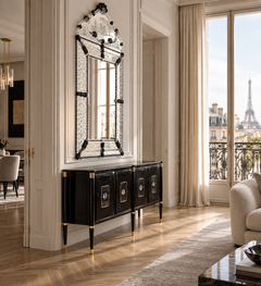 Elegant Italian Midcentury Black Lacquered and Brass Sideboard or Credenza
