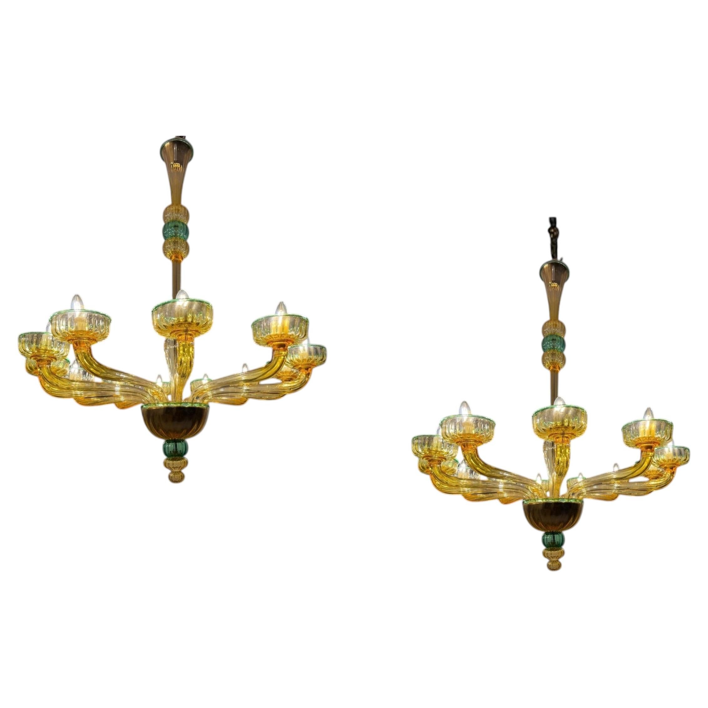 Pair of 1970s Amber and Emerald Chandelier, 12 Arms, Hand Blown Glass
