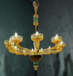 Pair of 1970s Amber and Emerald Chandelier, 12 Arms, Hand Blown Glass