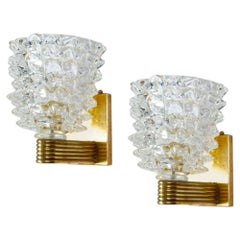 Pair of Barovier Neo Art Deco Rostrato Brass Mounted Murano Glass Sconces 1980'