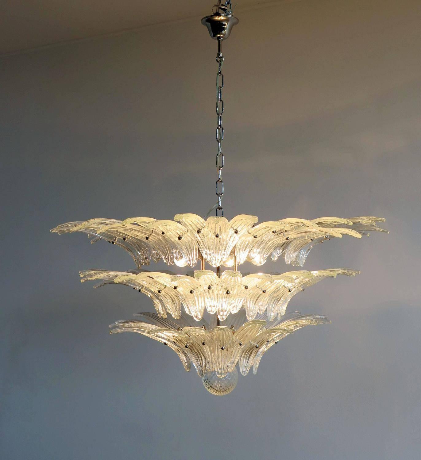 Luxury and genuine, Murano, glass chandelier. 100% handmade in, Murano. Top design lamp in vintage style. It is made by 94 Murano crystal glasses in a metal frame. The chandelier has also a Murano, glass ball in the end of the lamp. Six-light bulbs,