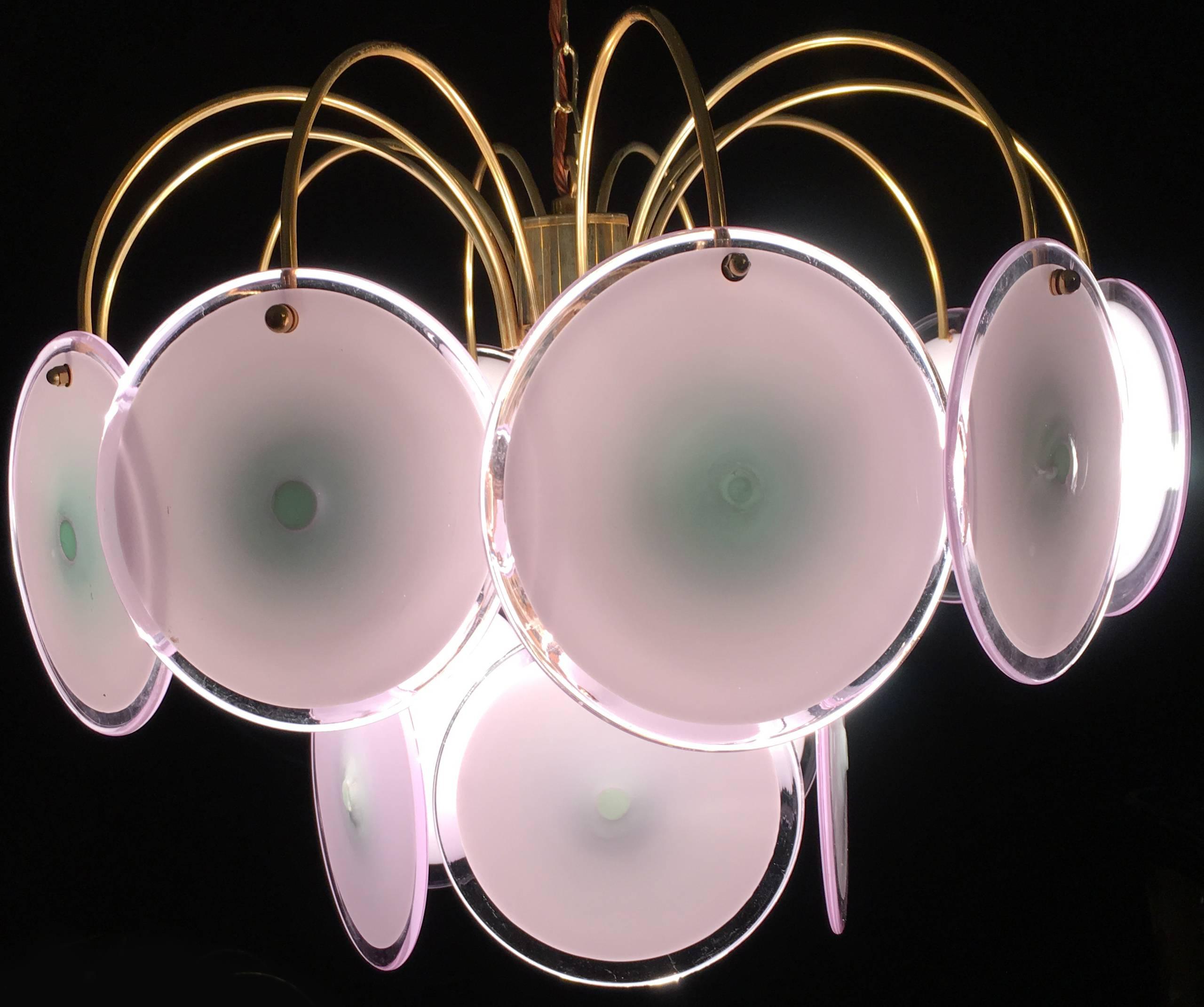 15 Murano discs for each chandelier mounted on two levels: Ten + five amethyst glass handblown. Lights five + one.