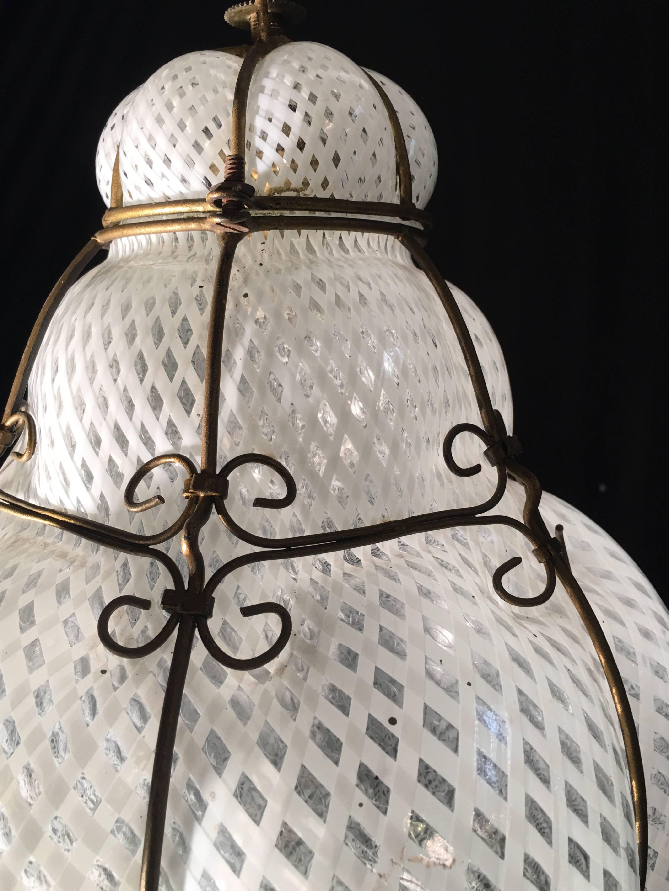 Italian Venetian Lantern in Murano Reticello Glass, 1950s
