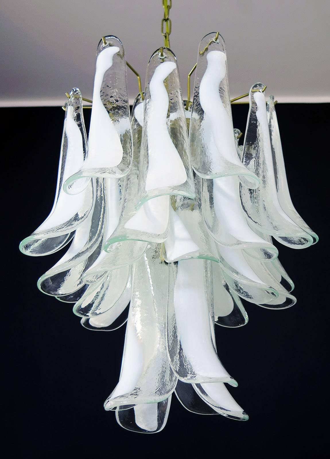 Huge Italian vintage Murano chandelier made by 30 glass petals (transparent and white “lattimo”) in a chrome frame.
Dimensions: 49,20 inches (125 cm) height with chain; 23,60 inches (60 cm) height without chain; 17,70 inches (45 cm)