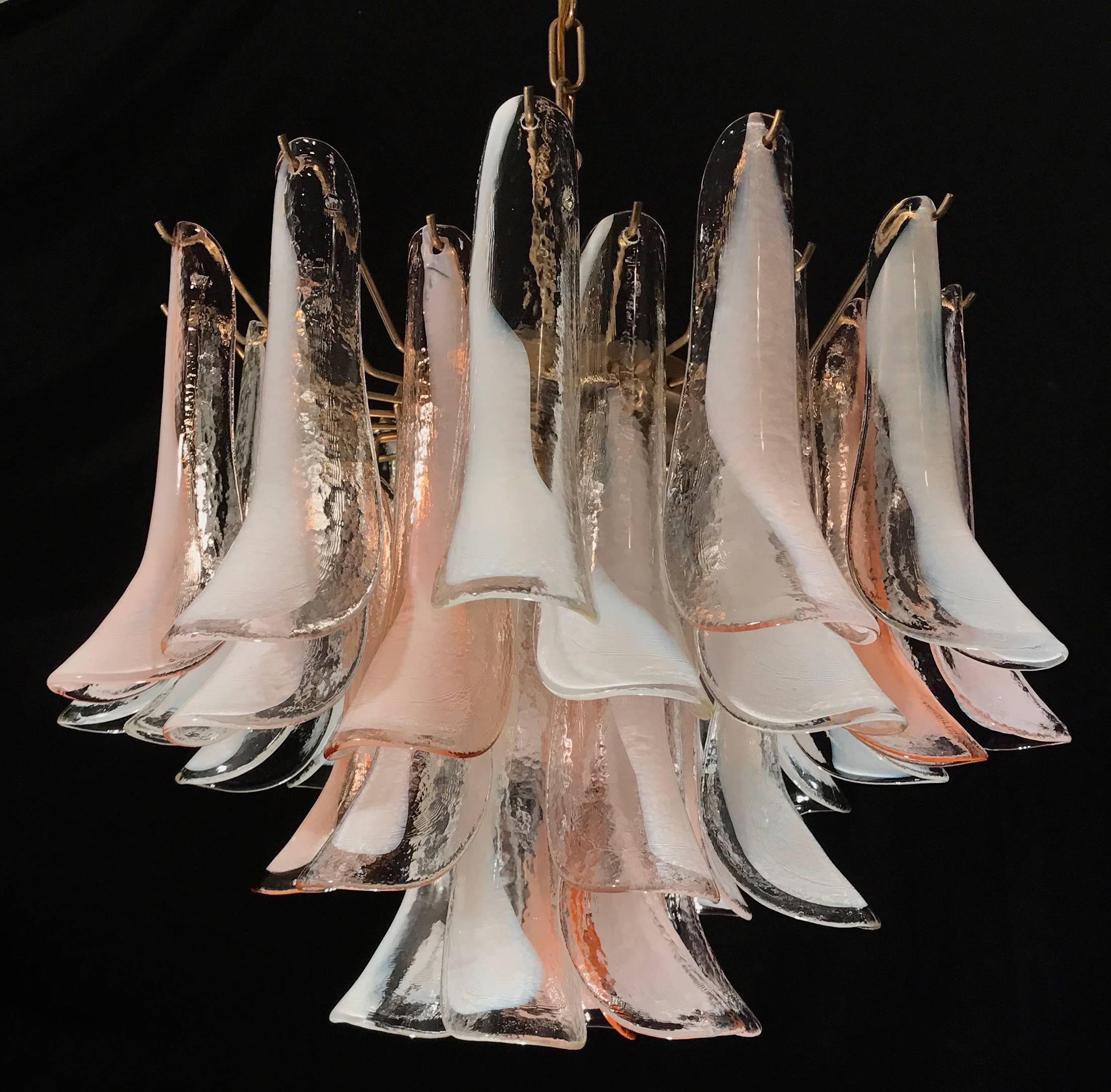 Pair of huge Italian vintage Murano chandelier by Mazzega. Made by 36 glass petals (pink and white “lattimo”).