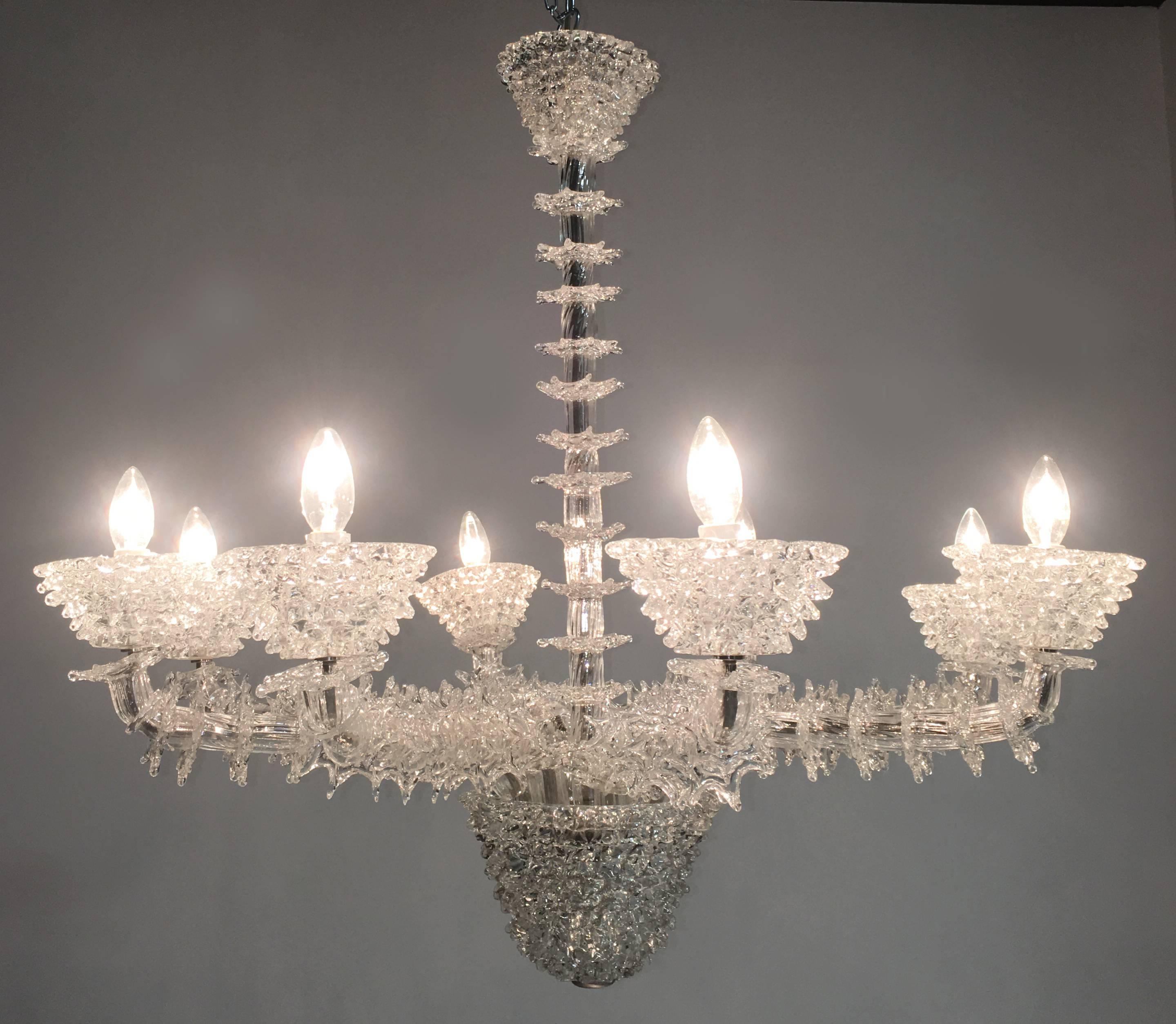 Spectacular chandelier in the style by Barovier & Toso. Consists of a hundred pieces in precious glass of Murano. 
Piece of incredible beauty, both when it is on and off. Eight arms.
 