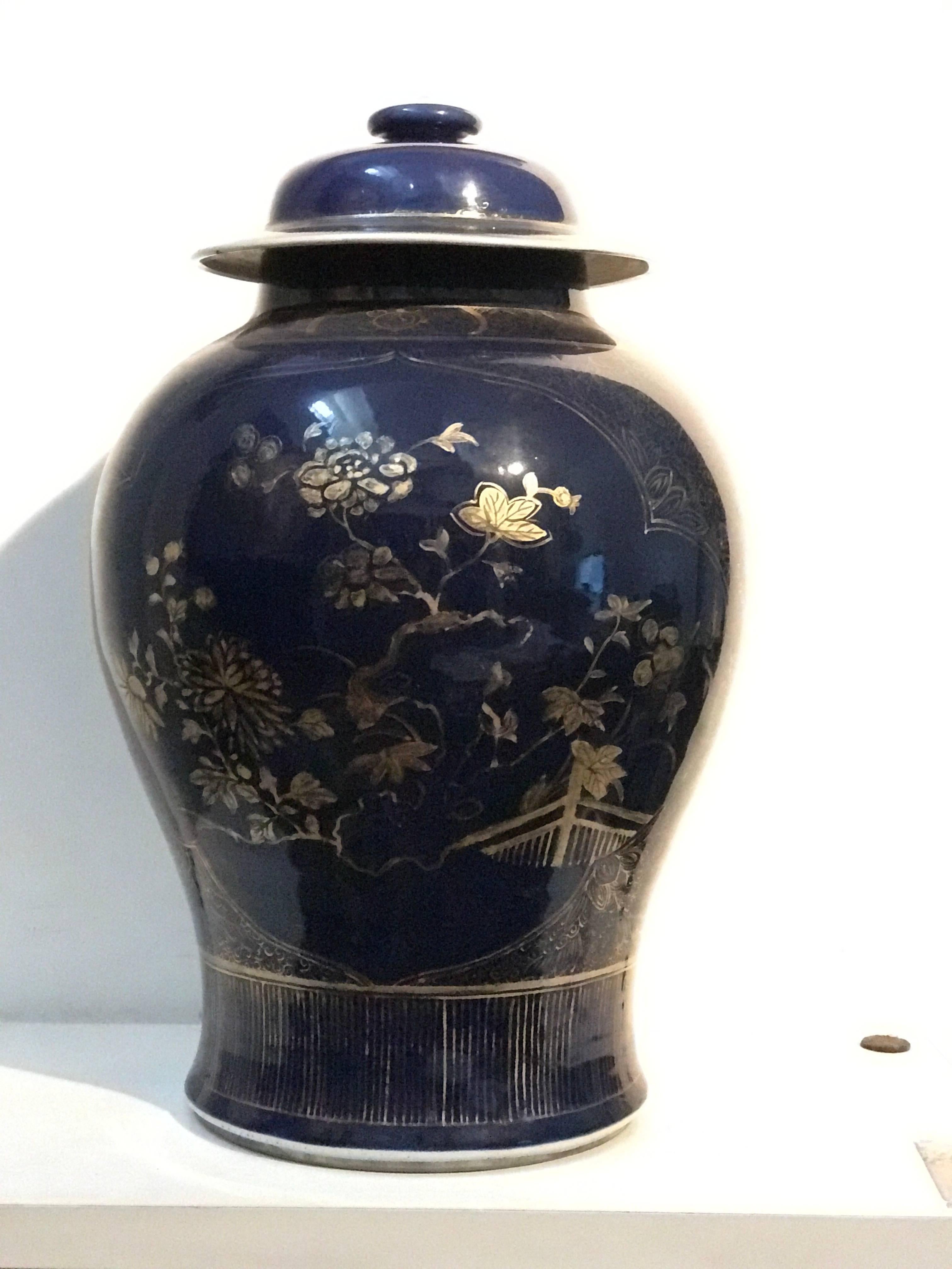 Paire de pots chinois en poudre bleu poudré décorés de dorures,  XVIIIe siècle   Bon état - En vente à Rome, IT