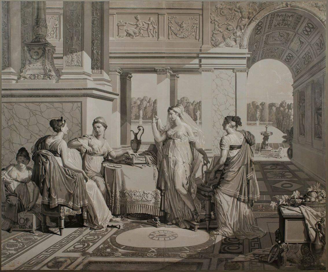 Papiers Peint  'En Grisaille'  depicting, Psyche showing her jewelry to her sisters.
 One of a set of six French papier peints 'en grisaille', from the Psyché series, manufactured by Dufour, Paris, after designs by Merry-Joseph Blondel and Louis