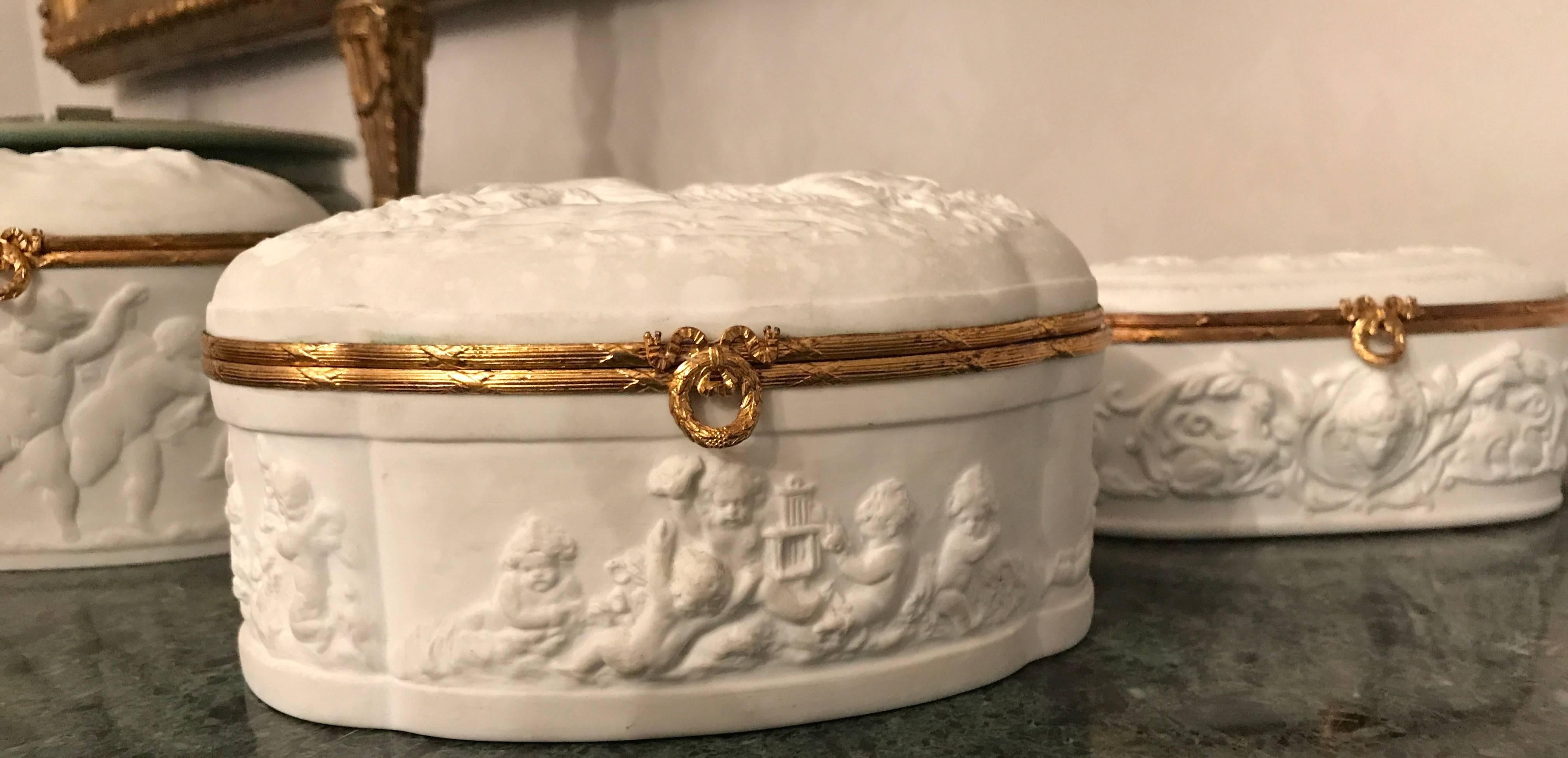 French Delightful Set of Three Limoges “Biscuit De Porcelaine“ Dresser Box