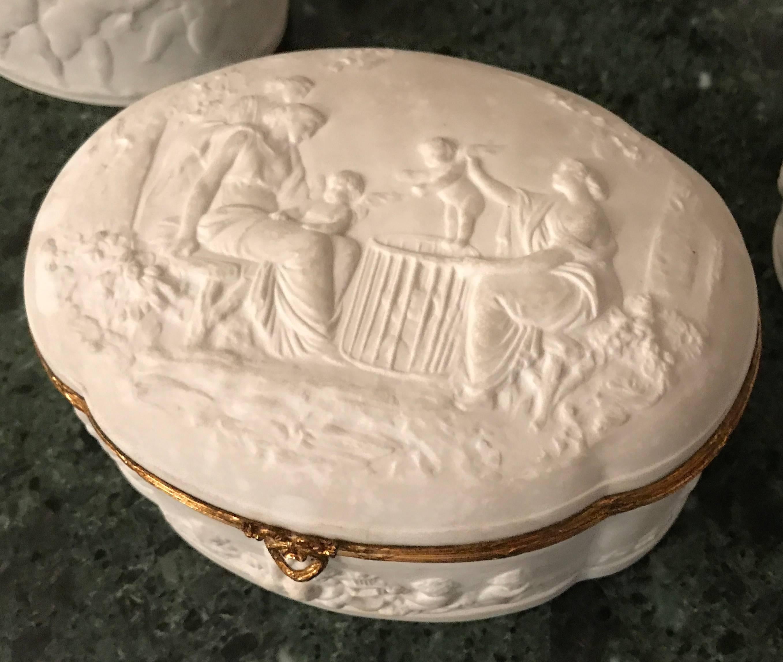 20th Century Delightful Set of Three Limoges “Biscuit De Porcelaine“ Dresser Box