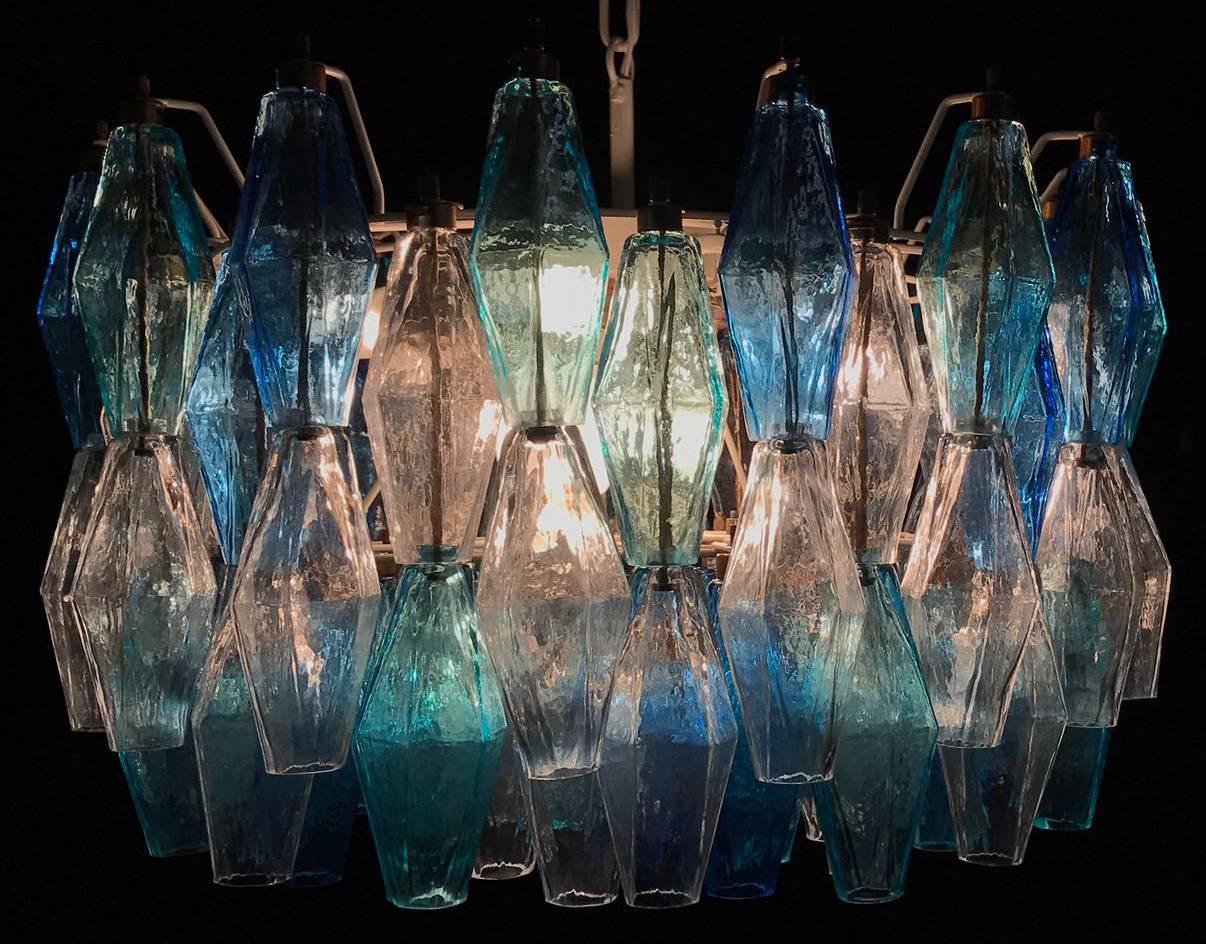 The chandelier consists of 96 colored Poliedri of Murano. Ice, heavenly and acquamarina. Height lights, without chain 40 cm. Edition limited from a great master of Venetian glass.