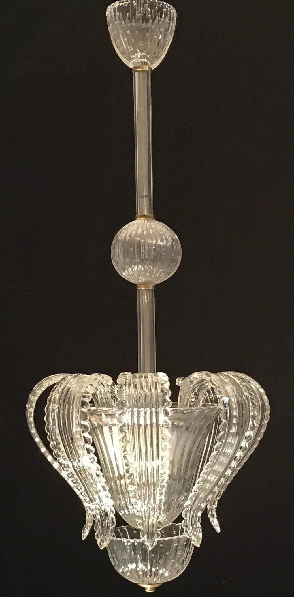 Italian Elegant Barovier Handblown Glass Pendant Lantern, 1930s 