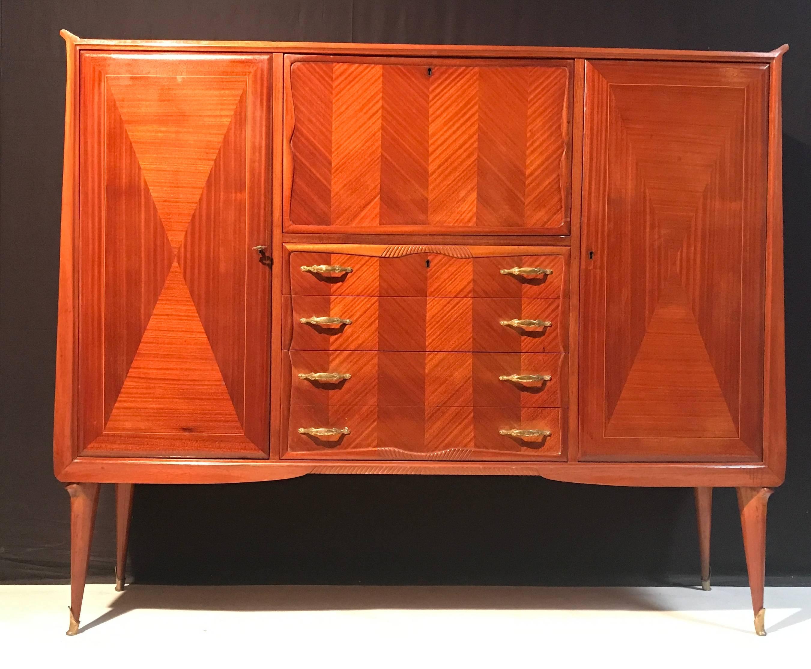 Italian Sideboard Bar Cabinet  with four drawers and brass handles and sabots.