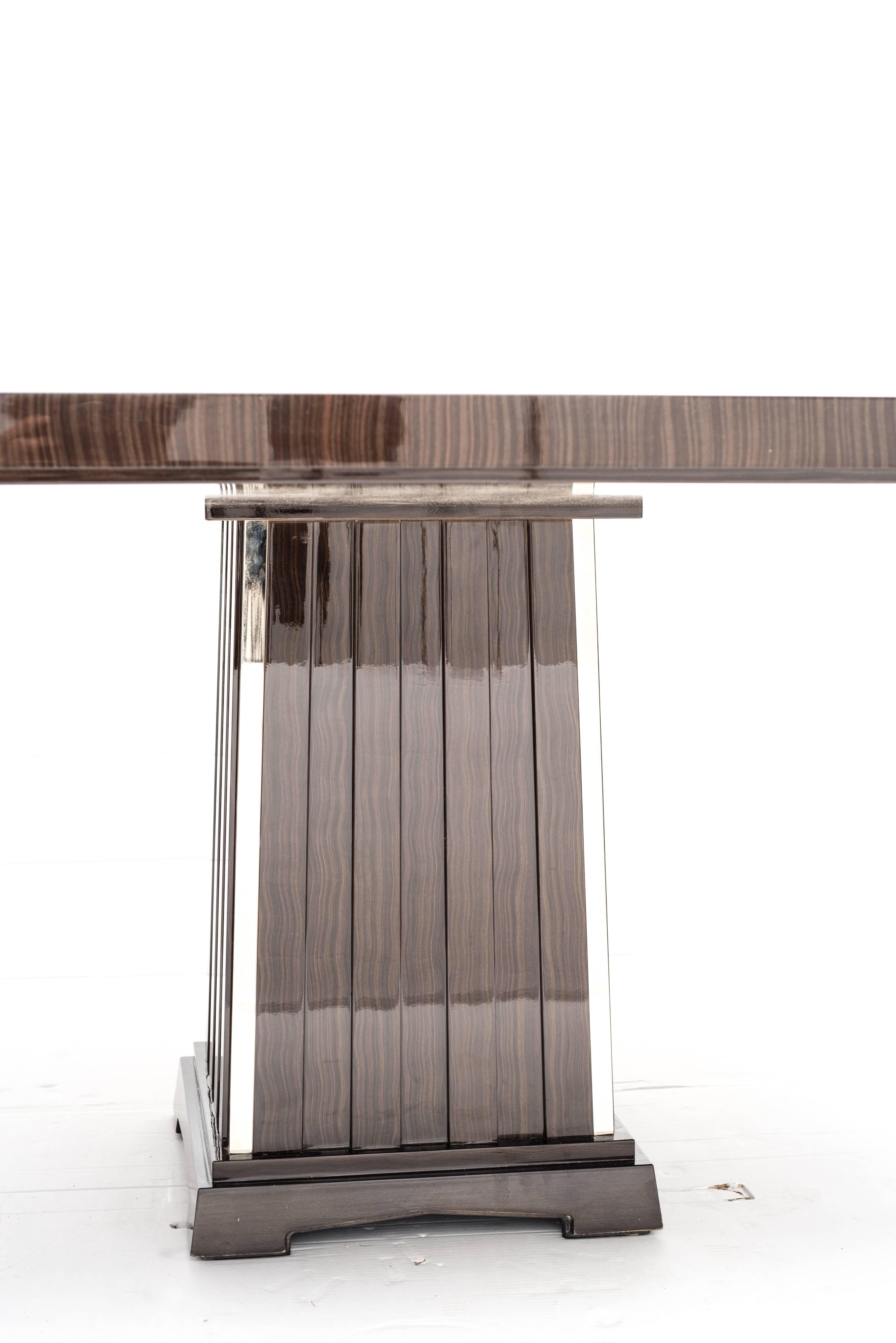 Art Deco Fine Bespoke Dining Room Table, Veneer Wood Top and Base with Chrome Inserts,