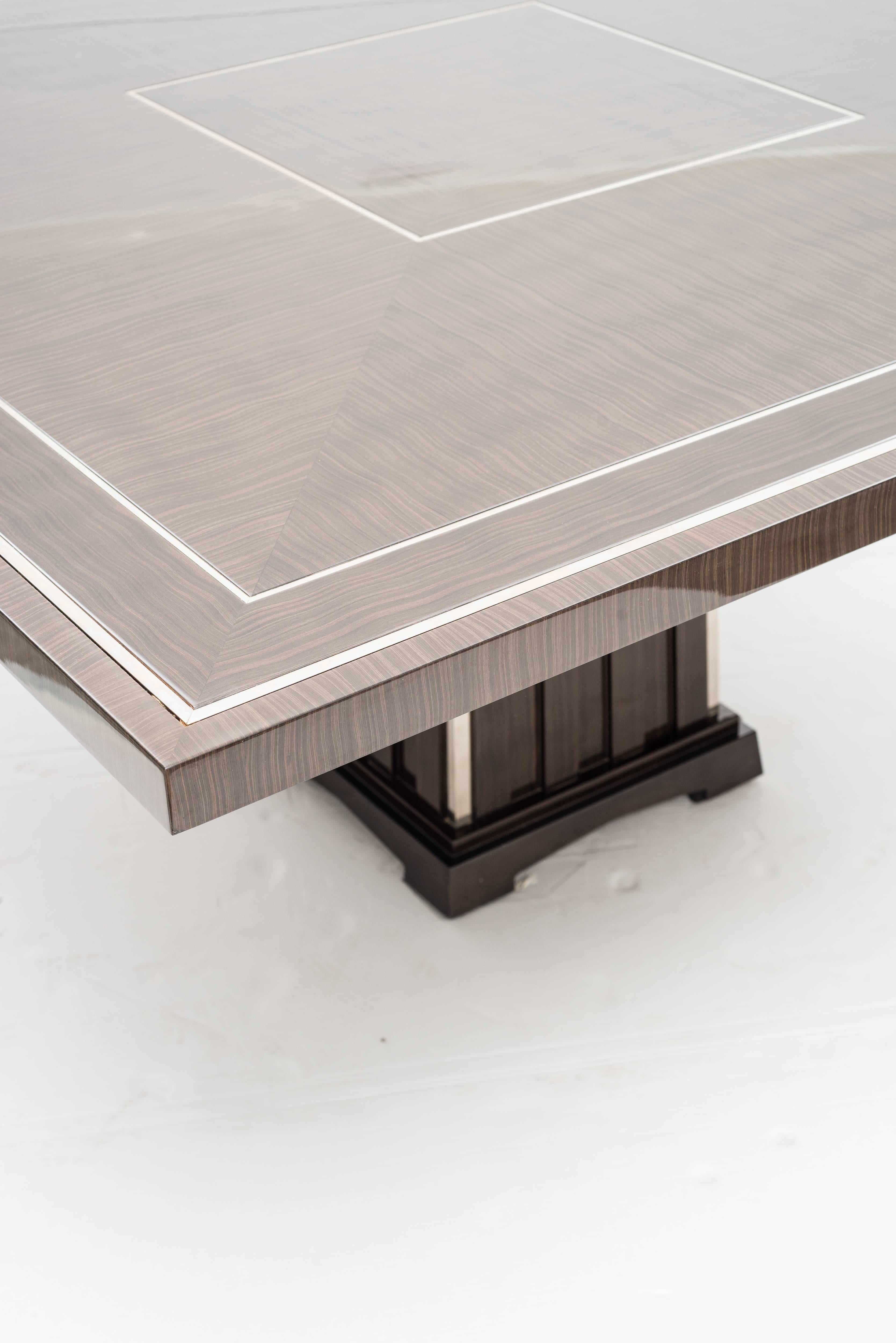 Italian Fine Bespoke Dining Room Table, Veneer Wood Top and Base with Chrome Inserts,