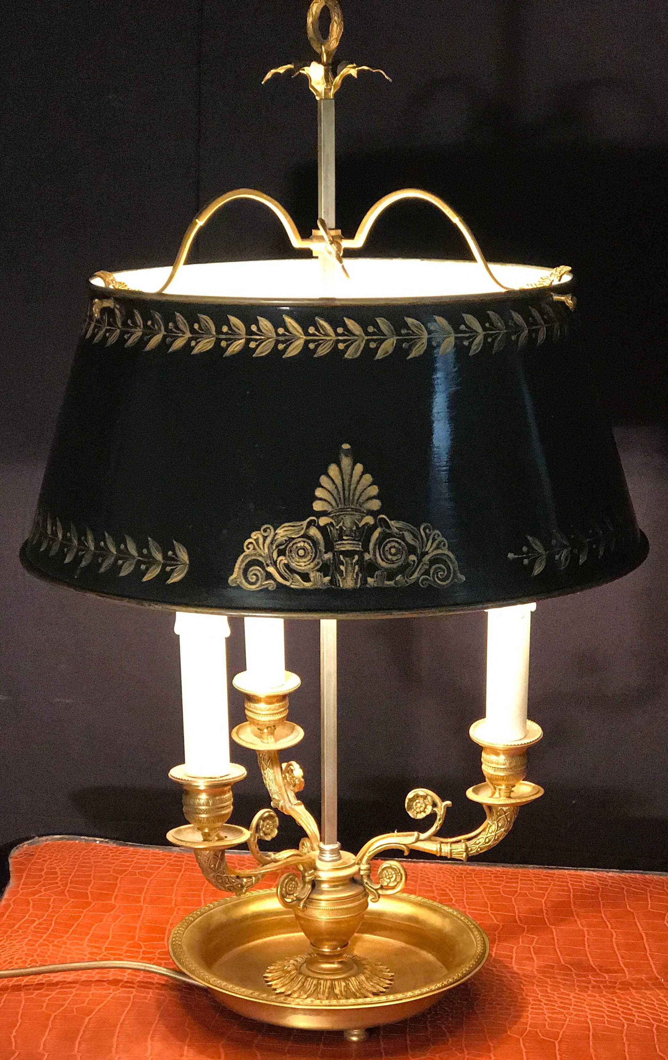 Late 19th Century French Gilt-Bronze Three-Arm Bouillotte Lamp with Tole Shade