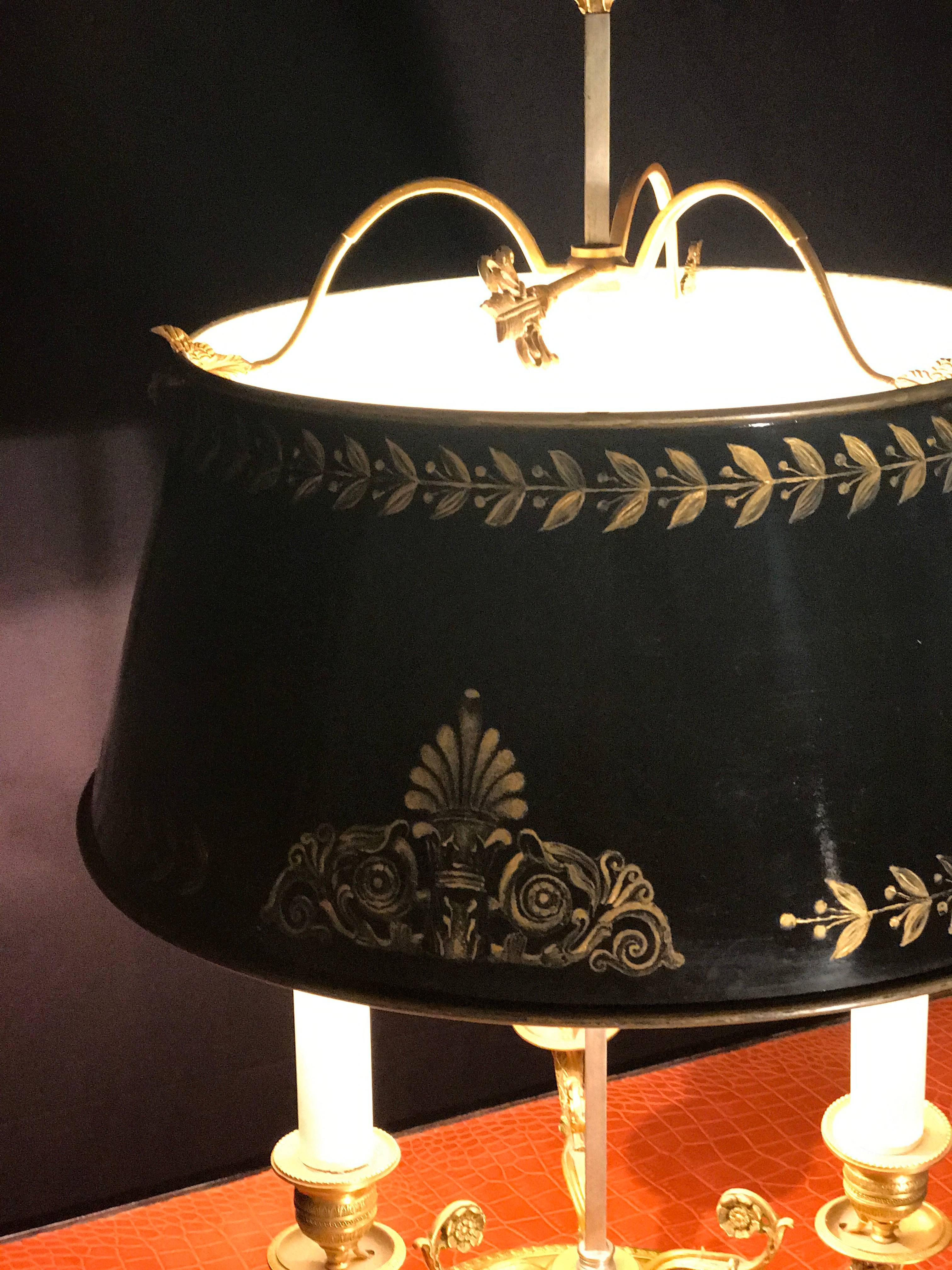 French Gilt-Bronze Three-Arm Bouillotte Lamp with Tole Shade 2