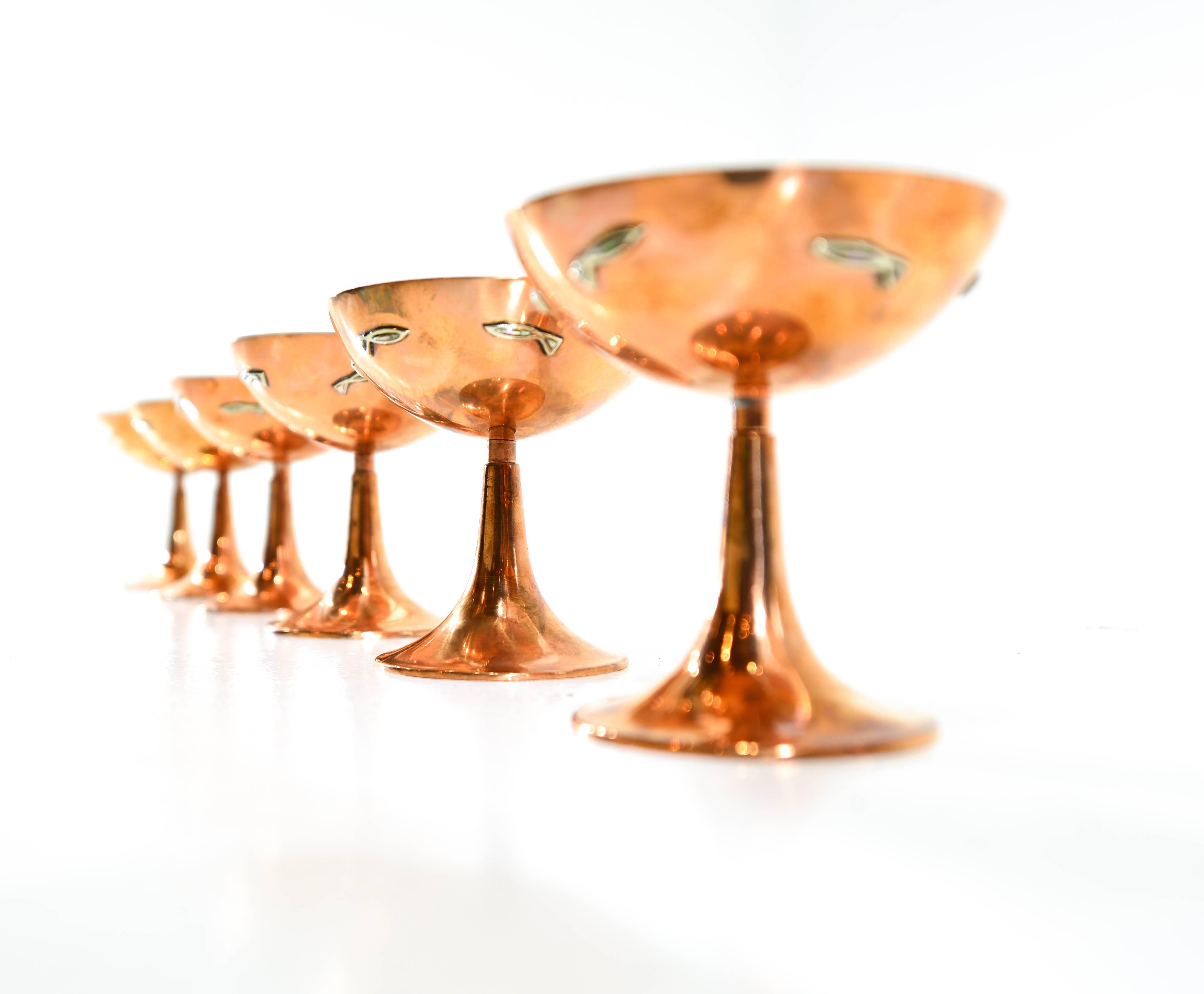 Mexican Los Castillo, Set of Six Copper Goblets For Sale