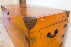 French Wood Trunk, Brass Corner, Early 20th Century