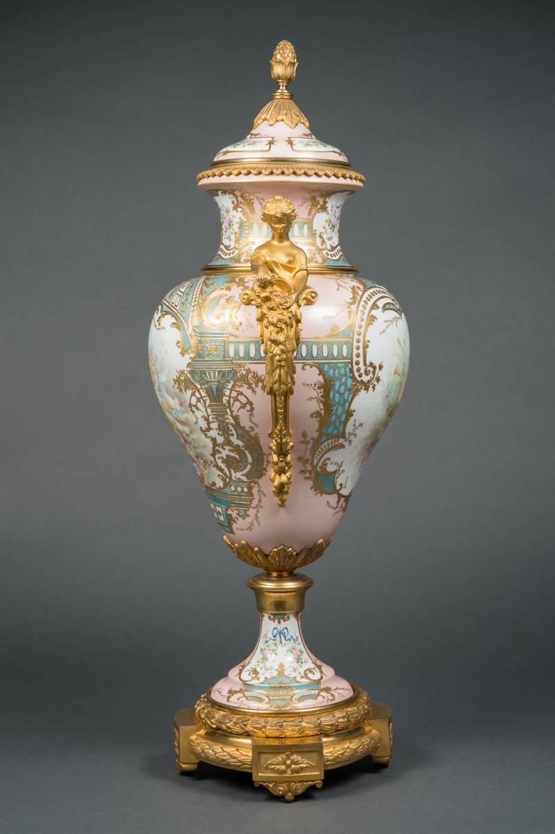 Gilt Fine French Antique Pink Ground & Ormolu-Mounted Vase & Cover, Circa 1890