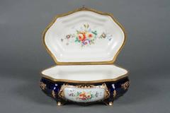 French Antique Bronze Mounted and Painted Sevres Style Cobalt Blue Accessory Box