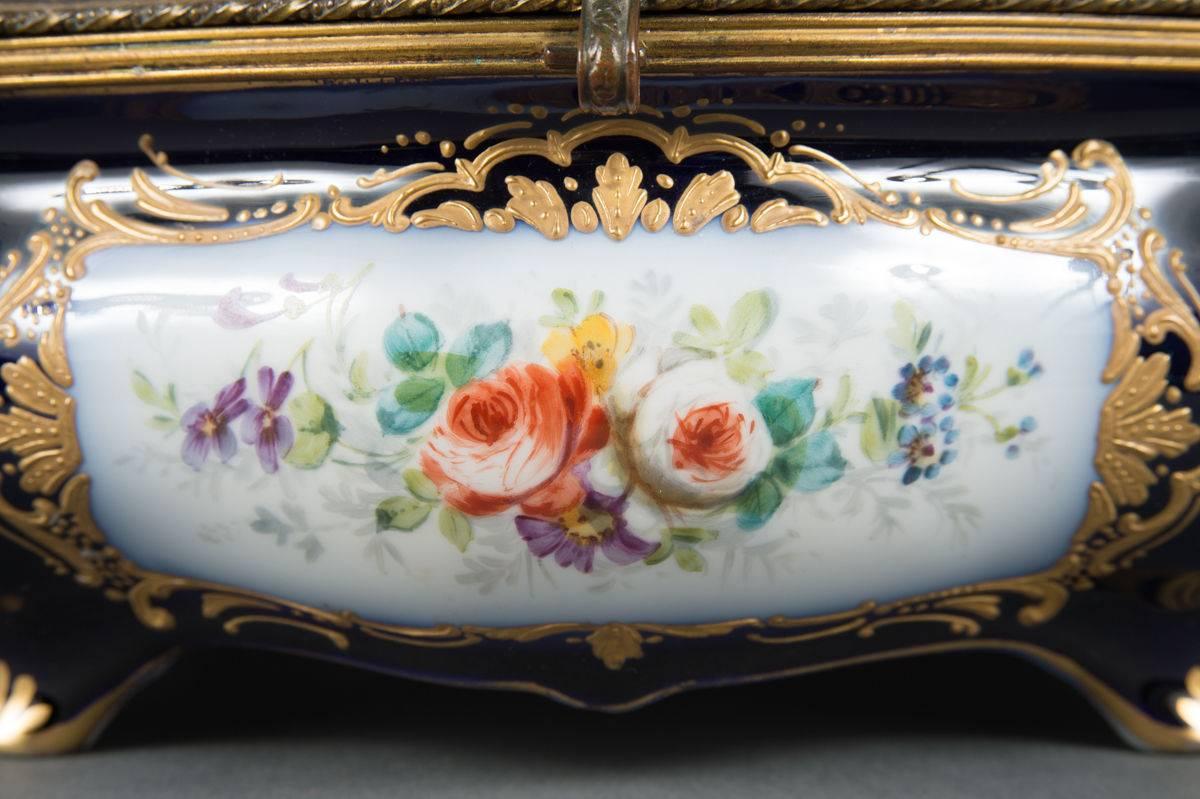 Hand-Painted French Antique Bronze Mounted and Painted Sevres Style Cobalt Blue Accessory Box For Sale