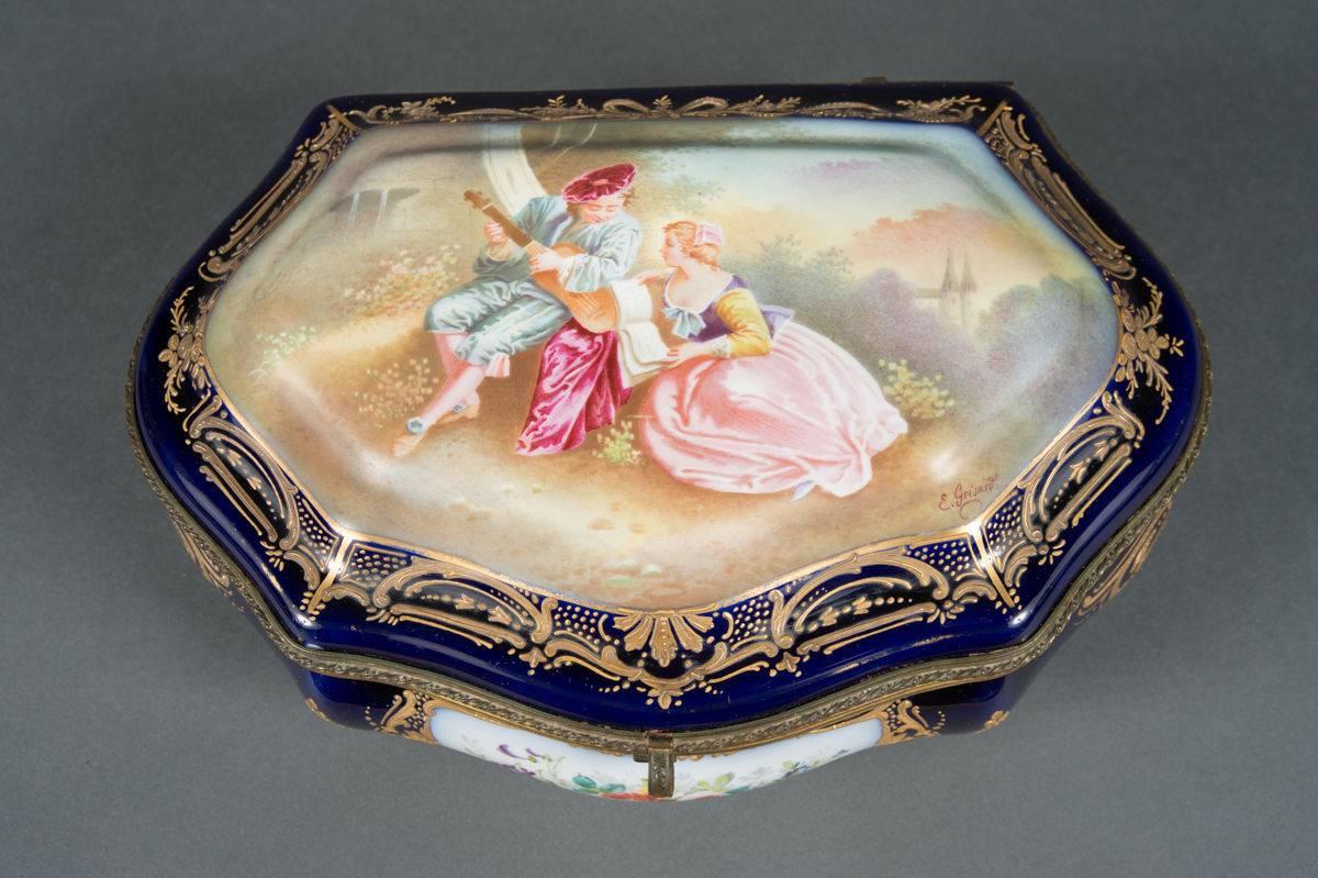 French Antique Bronze Mounted and Painted Sevres Style Cobalt Blue Accessory Box In Excellent Condition For Sale In Los Angeles, CA