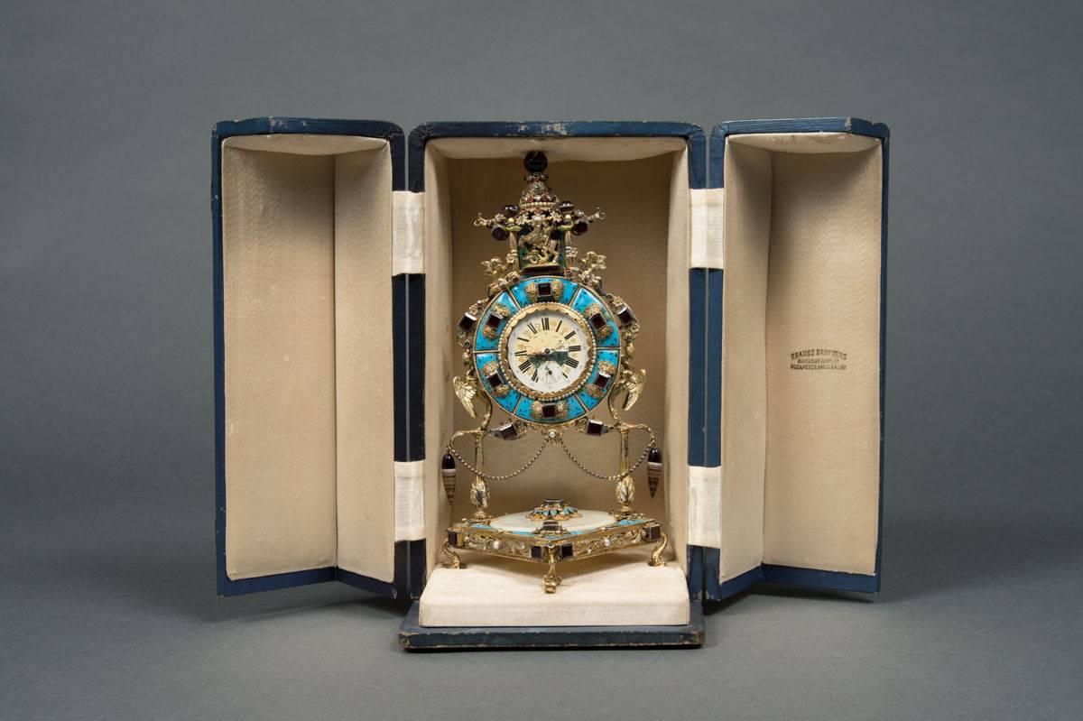 Enameled Viennese Sterling Silver, Enamel & Semi Precious Stone Desk Clock, circa 1950