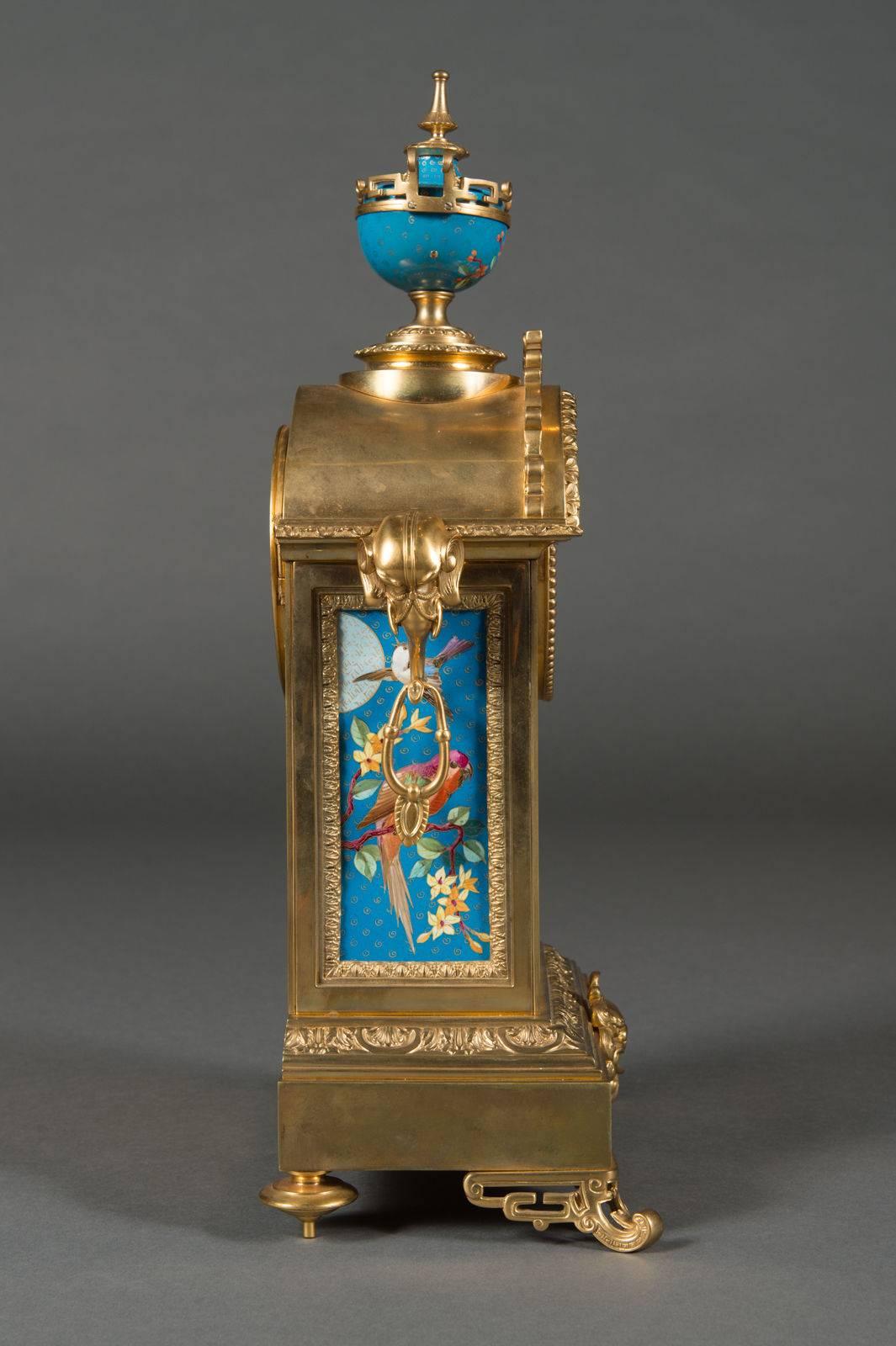 Japonisme A French Antique Brass Mounted & Porcelain Painted 3-Piece Garniture Set