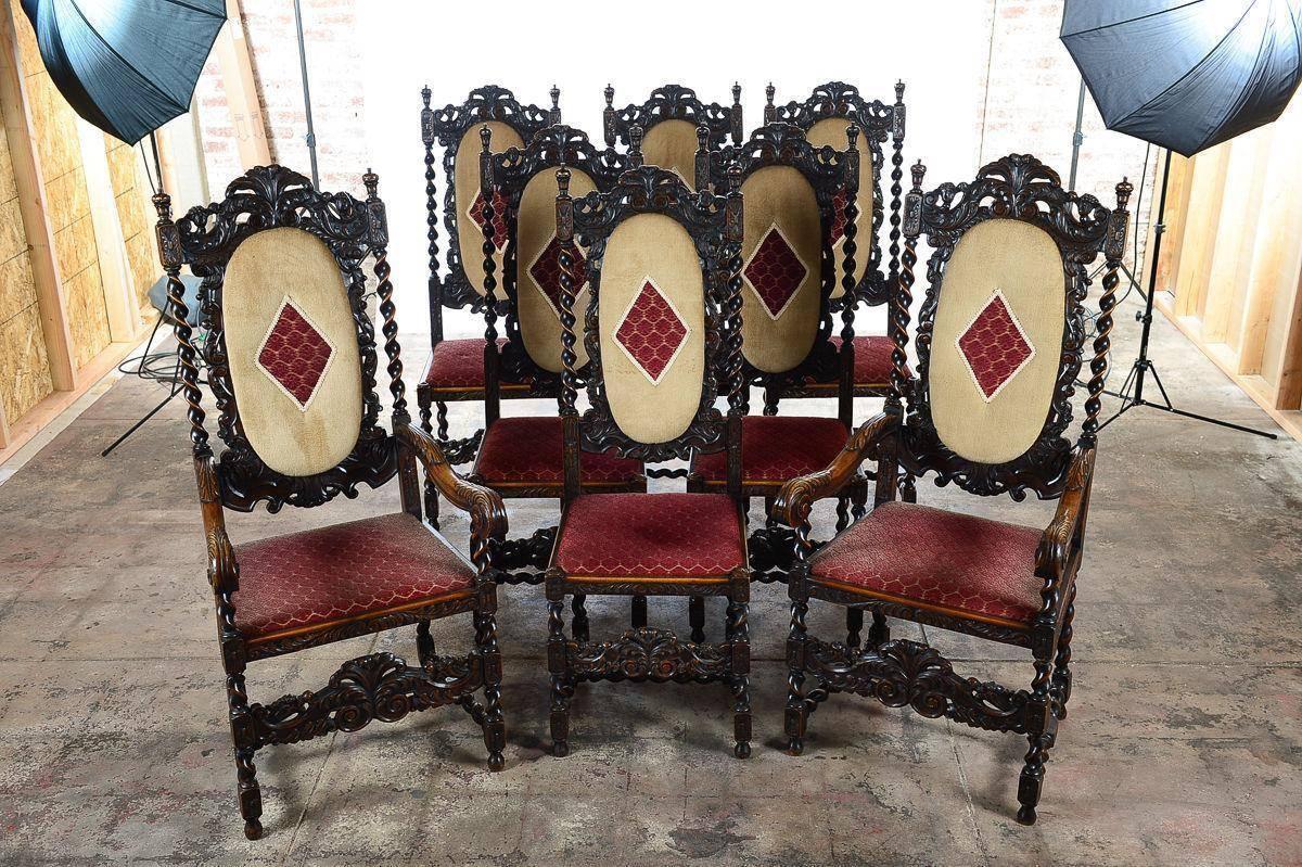 19th century English Renaissance set of 12 Dining Chairs w/Barley Twist