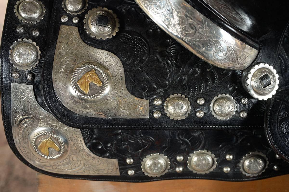 English Olsen Nolte - Gorgeous Black Hand Tooled Leather & Sterling Parade Saddle Set