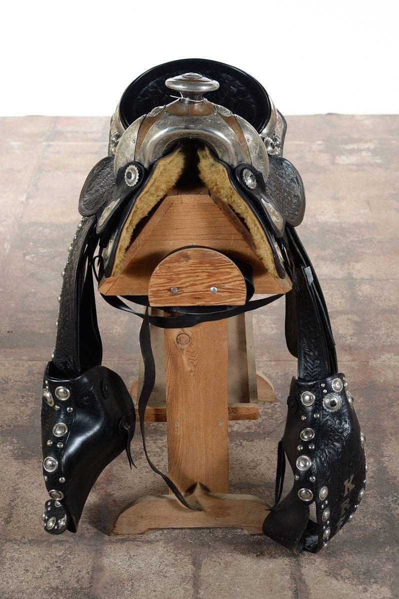 Mid-20th Century Olsen Nolte - Gorgeous Black Hand Tooled Leather & Sterling Parade Saddle Set