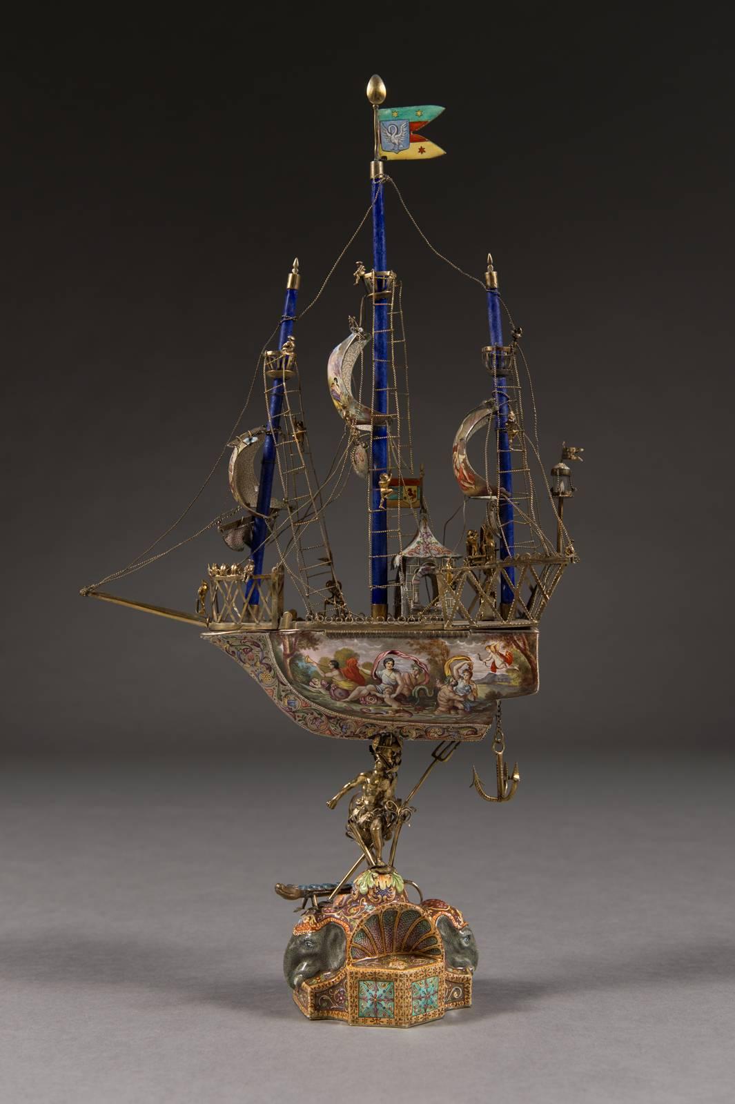 Austrian A Very Fine Viennese Parcel-Gilt Silver and Enamel Sailing Ship by Rudolf Linke