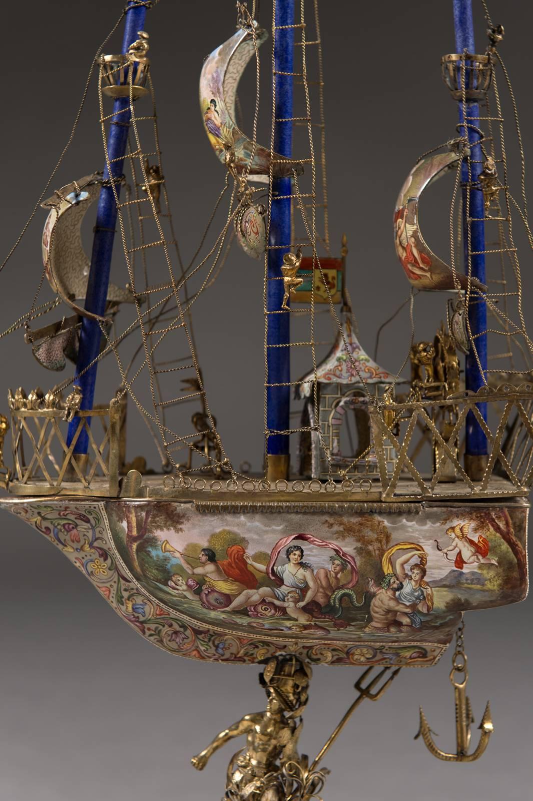 A Very Fine Viennese Parcel-Gilt Silver and Enamel Sailing Ship by Rudolf Linke In Excellent Condition In Los Angeles, CA