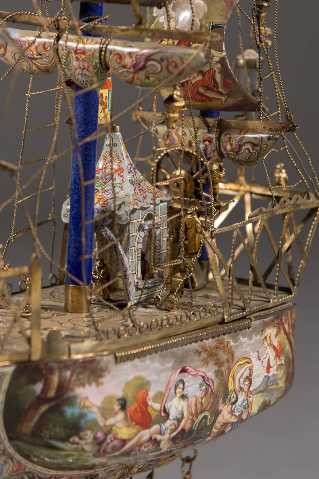 19th Century A Very Fine Viennese Parcel-Gilt Silver and Enamel Sailing Ship by Rudolf Linke
