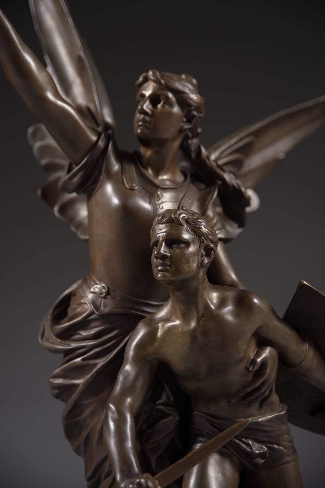 Fino grupo figurado francés de bronce patinado titulado Pro Patria, de Edouard Drouot Victoriano tardío en venta