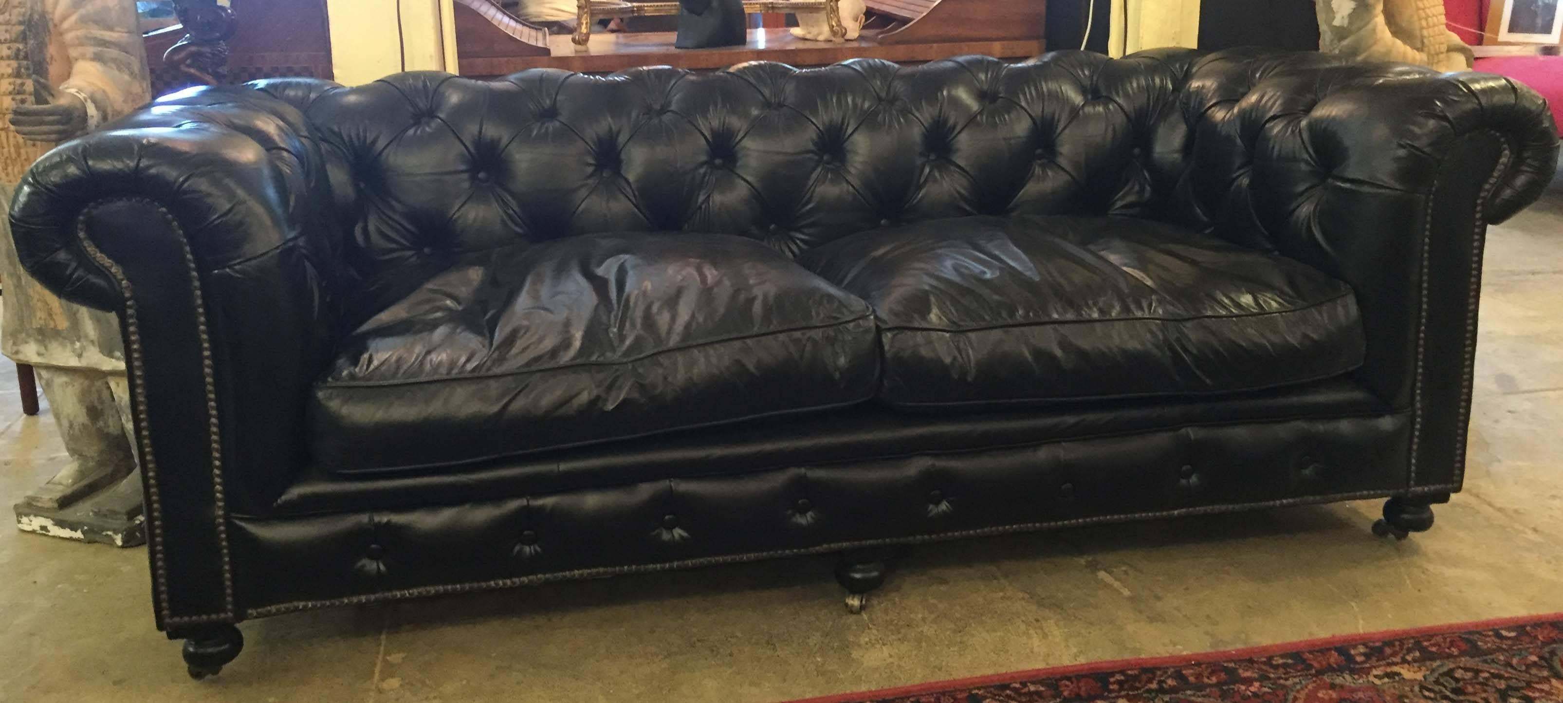 American Classical Large Ralph Lauren Black Leather Tufted Cigar Couch