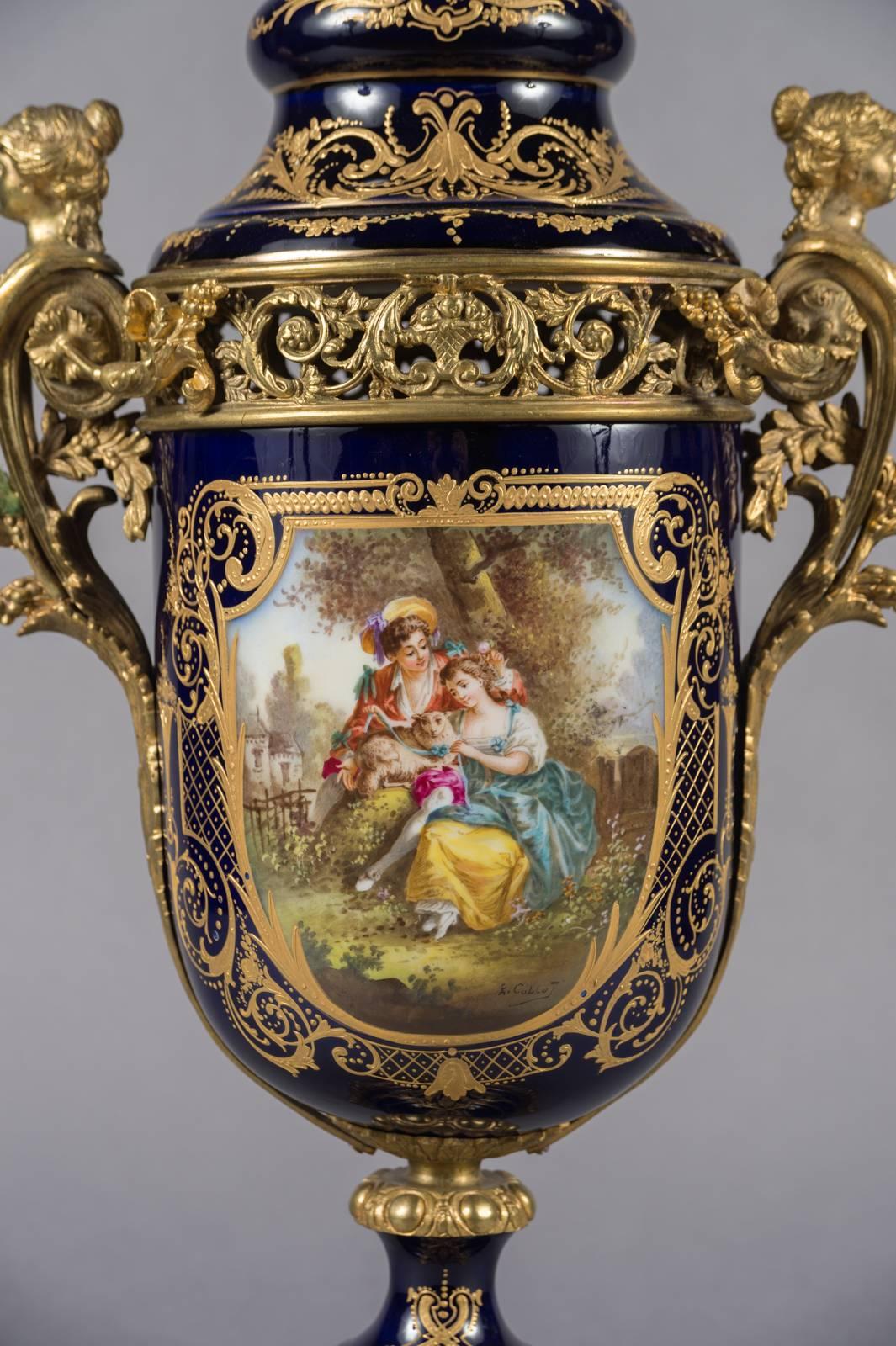 Pair of 19th Century French Sevres Gilt Bronze-Mounted Cobalt Blue Lidded Urns For Sale 1