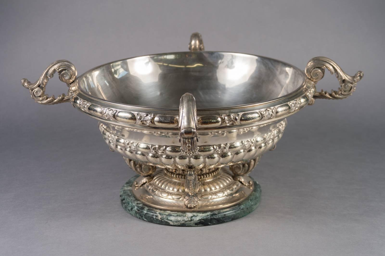 Repoussé Large Italian .925 Silver Centerpiece Bowl with Four Handles & Marble Base For Sale